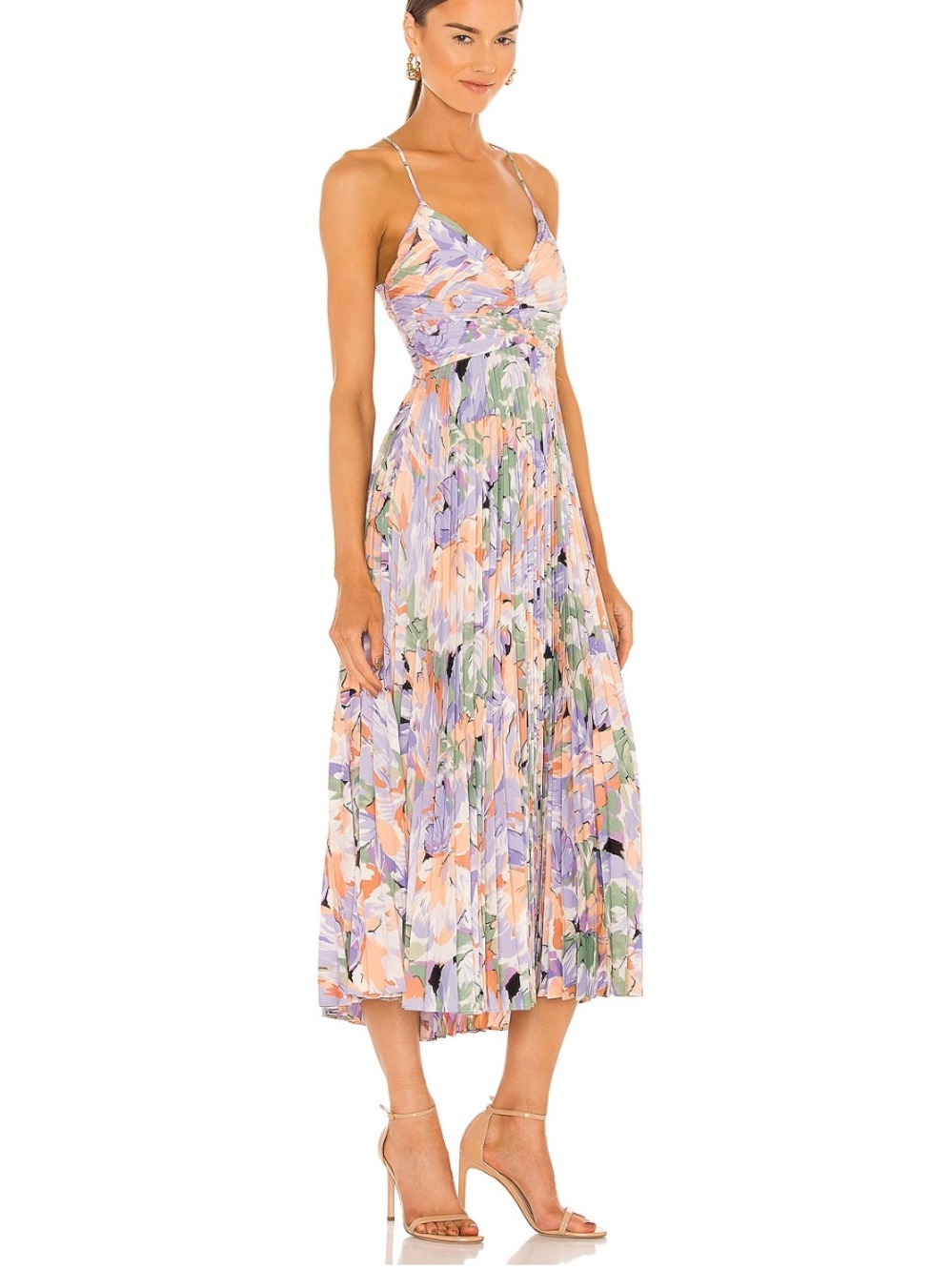 Astr Floral Pleated Midi Dress in Lavender, Coral & Green - Picture 3 of 3